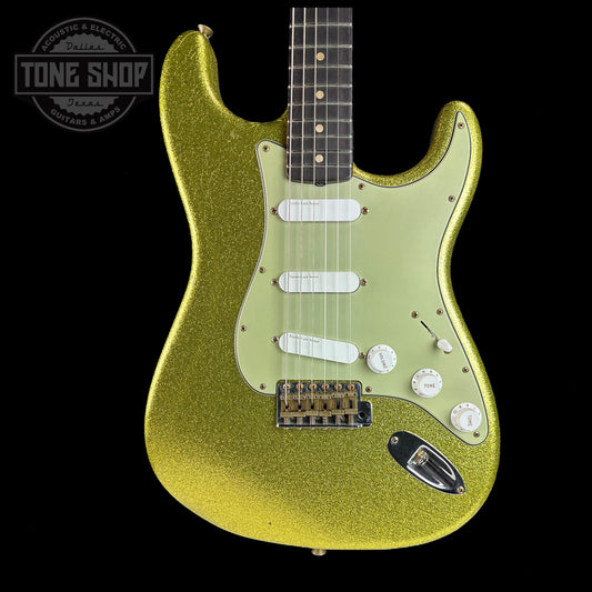 Front of body of Fender Custom Shop 1964 Stratocaster Journeyman Relic Chartreuse Sparkle.