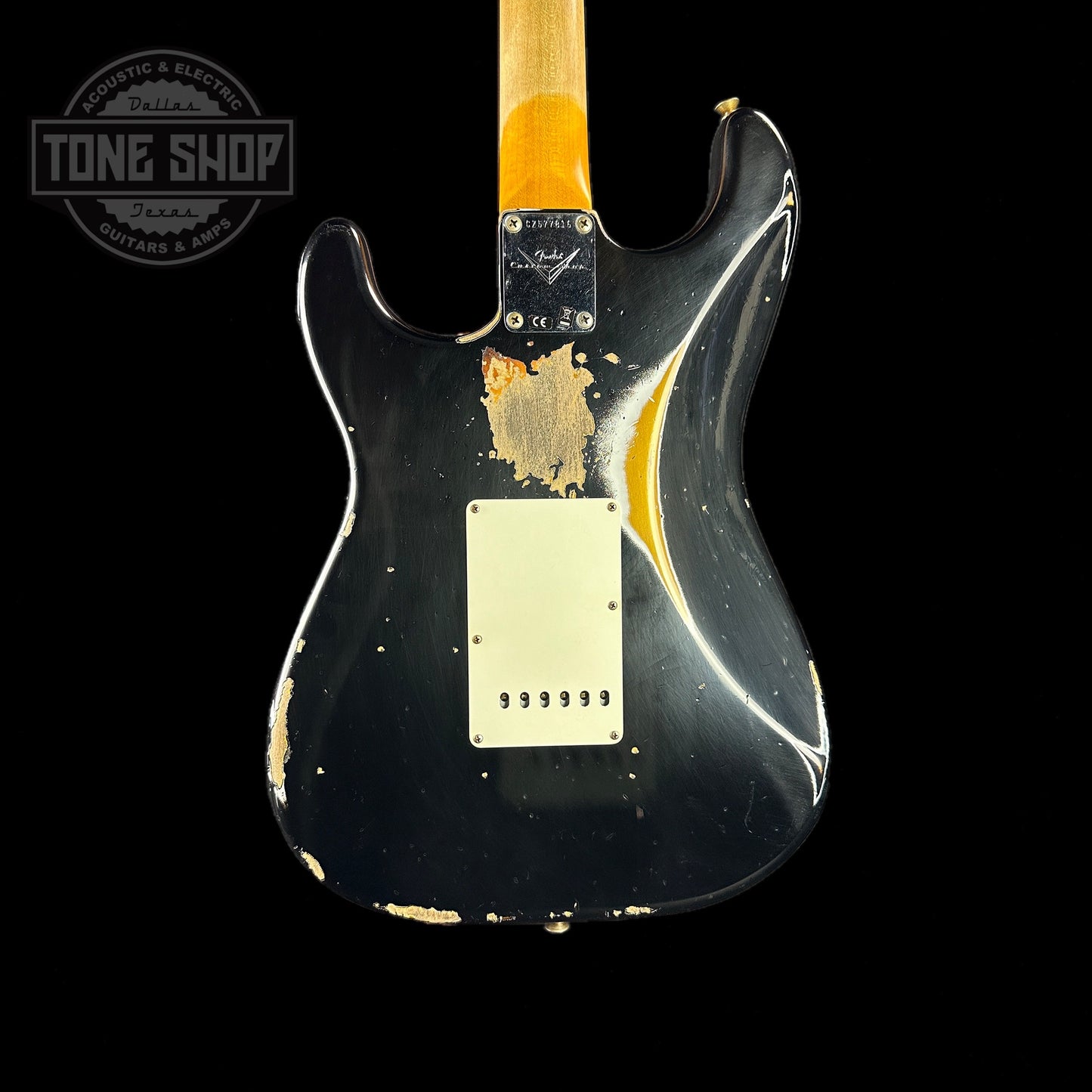 Back of body of Fender Custom Shop 2023 Collection 60 Strat Heavy Relic Aged Black Over 3 Color Sunburst.