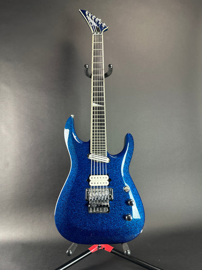 Full front of Used Jackson LTD Wildwood Series Soloist Arch Top Extreme SL27 EX Blue Sparkle.