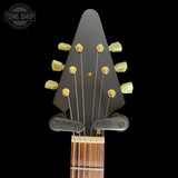 Headstock of Used 2002 Epiphone 58 Reissue Flying V Black.
