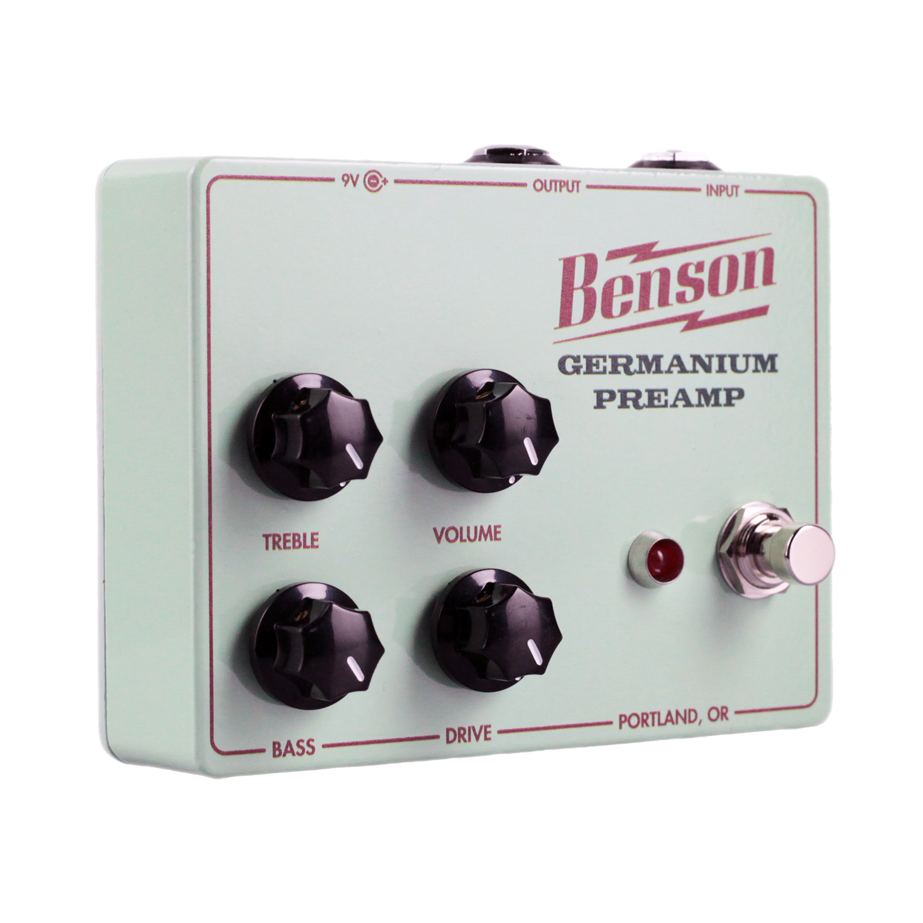 Front left side of Benson Amps Germanium Preamp Pedal.
