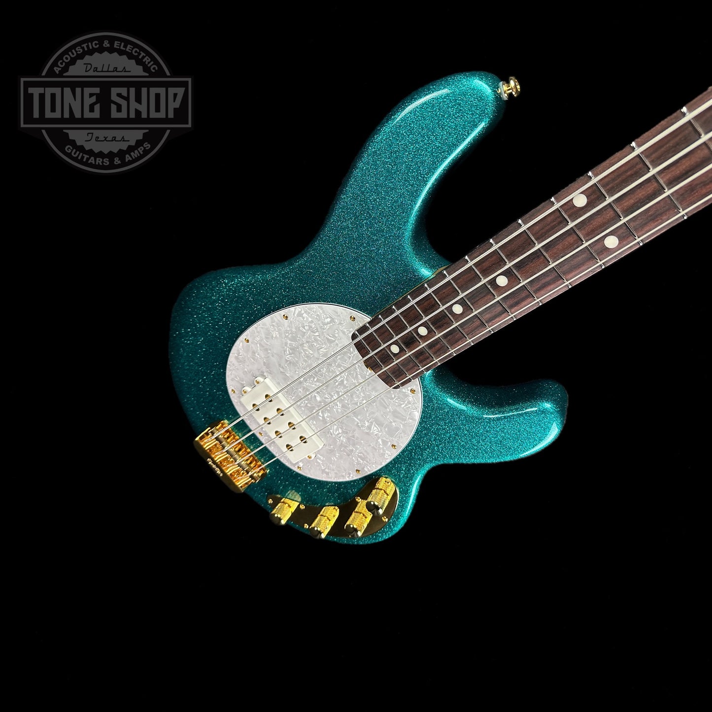 Front angle of Ernie Ball Music Man StingRay Special H Bass RW Ocean Sparkle.