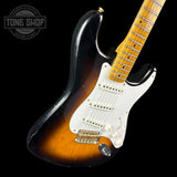 Front angle of Fender Custom Shop LTD 70th Anniversary 1954 Stratocaster Journeyman Relic 2-Color Sunburst.