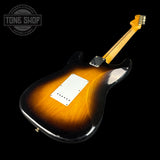 Back angle of Fender Custom Shop LTD 70th Anniversary 1954 Stratocaster Journeyman Relic 2-Color Sunburst.