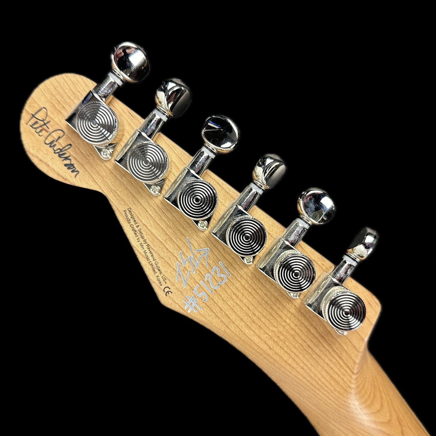 Back of headstock of Reverend Eastsider T "E" Gloss Pete Anderson Silver Sparkle Tone Shop Exclusive.