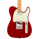 A red electric guitar with a cream pickguard and maple fretboard, shown from the front against a white background.