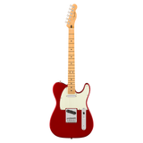 A red electric guitar with a maple neck and white pickguard, shown from the side against a plain white background.