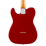 The rear view of a classic electric guitar with a glossy red body and a natural wood neck, isolated on a white background.
