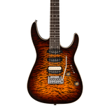 Front of Charvel Pro-Mod Plus Dinky DK24 HSS 2PT EB QM Ebony Amber Tiger Eye.