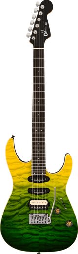 Full frontal of Charvel Pro-Mod Plus Dinky DK24 HSS 2PT EB QM Ebony Zombie Fade.