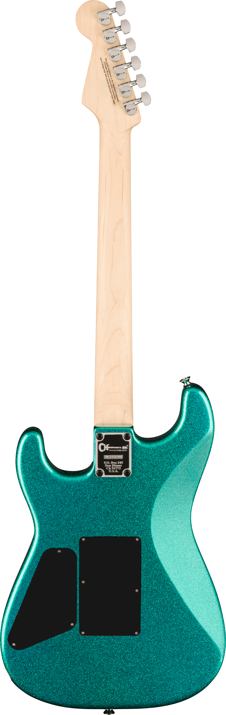 Back of Charvel Pro-Mod San Dimas Style 1 HSS FR M Maple Fingerboard Aqua Flake.