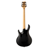 Black electric guitar with a maple neck on a white background