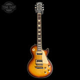 Full frontal of Used 2022 Gibson Les Paul Traditional Pro V Satin Desert Burst.