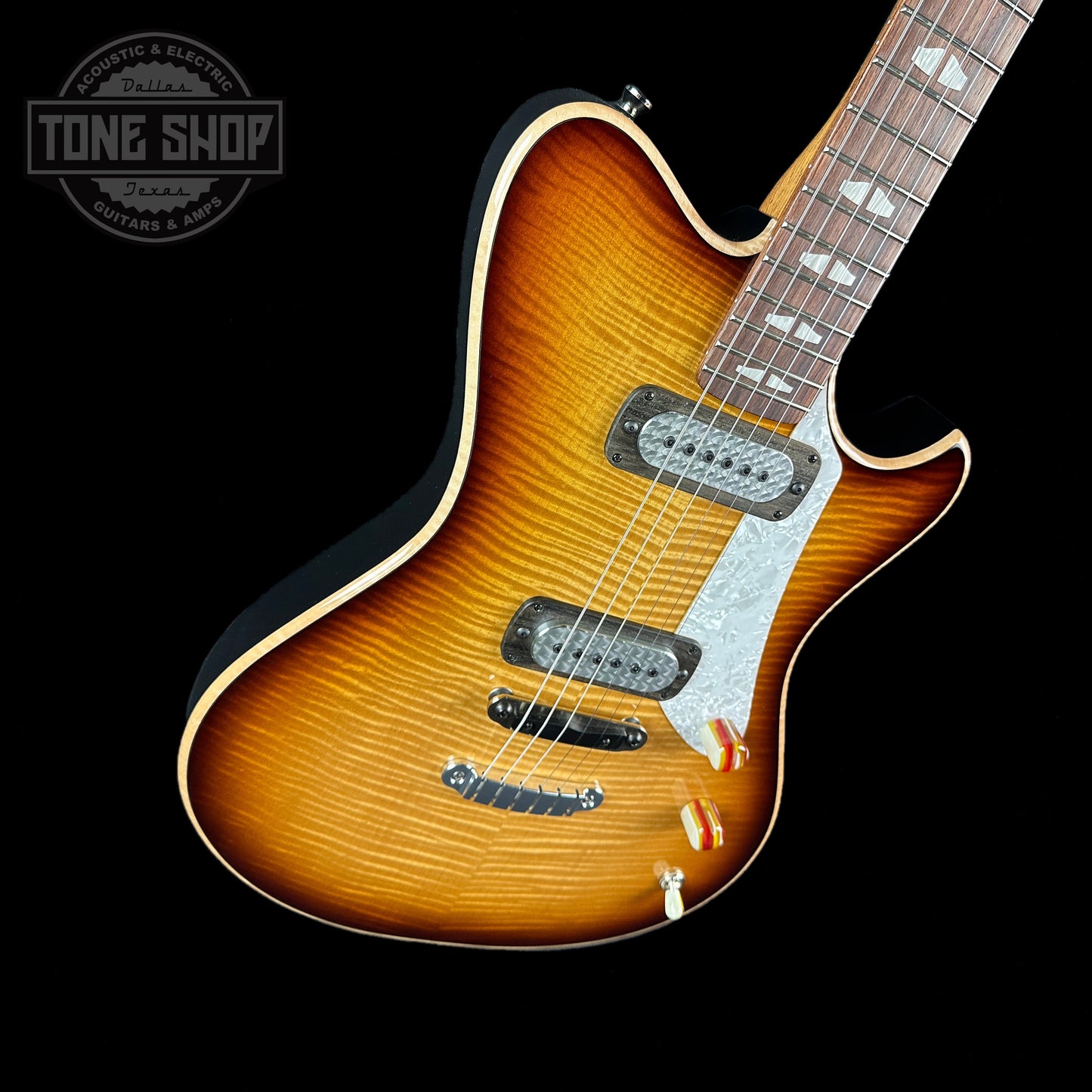 Front angle of Powers Electric A-Type Select Maple Solana Sunset FF42 Pearl Delrin Warm.