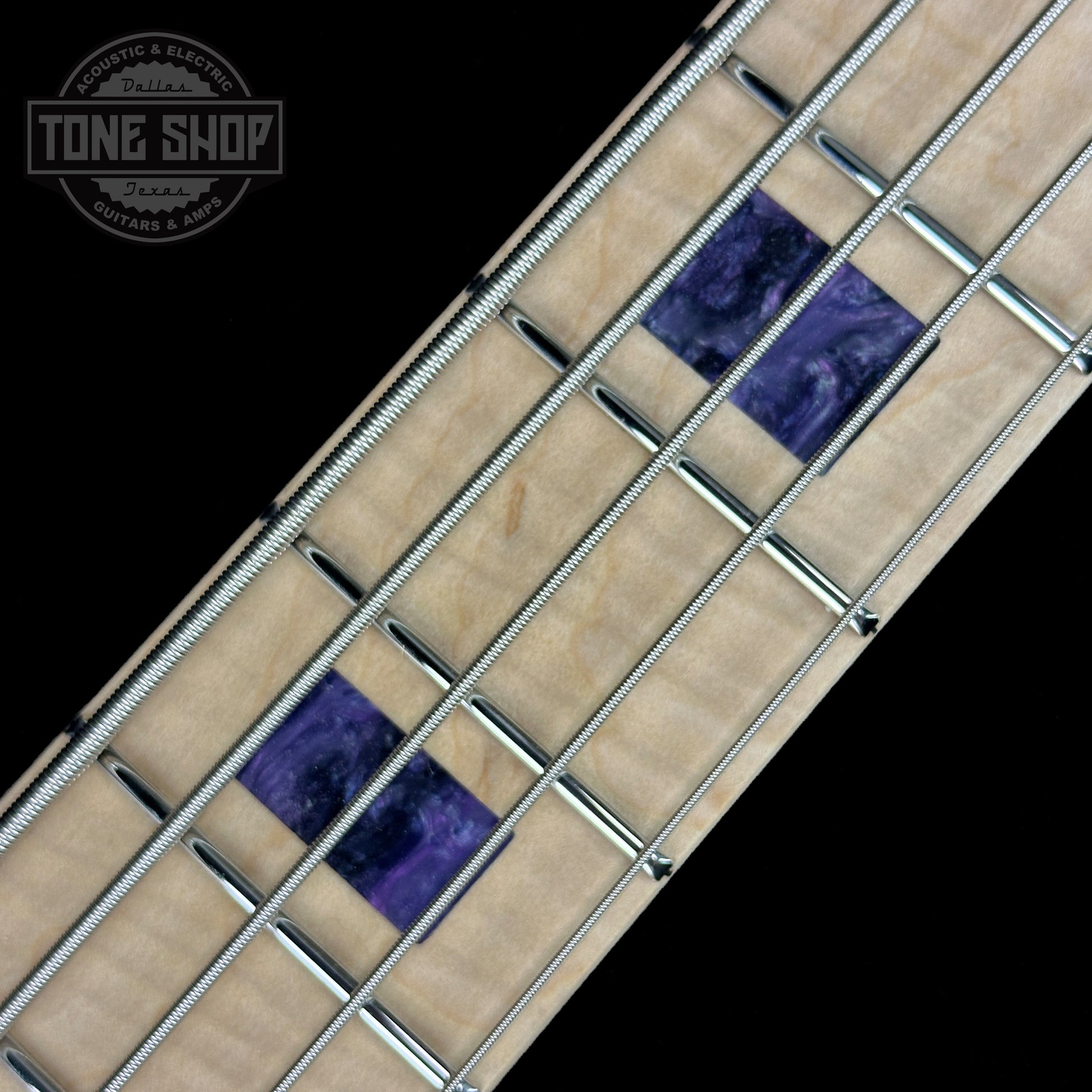 Inlays of Ernie Ball Music Man BFR "Moonbeam" StingRay Special 5 HH 5-String Bass Figured White Maple Fretboard Trans Purple Burst.
