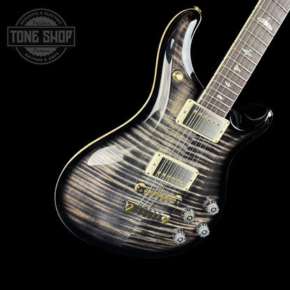 Front angle of PRS McCarty 594 Flame Maple 10 top Charcoal Burst.