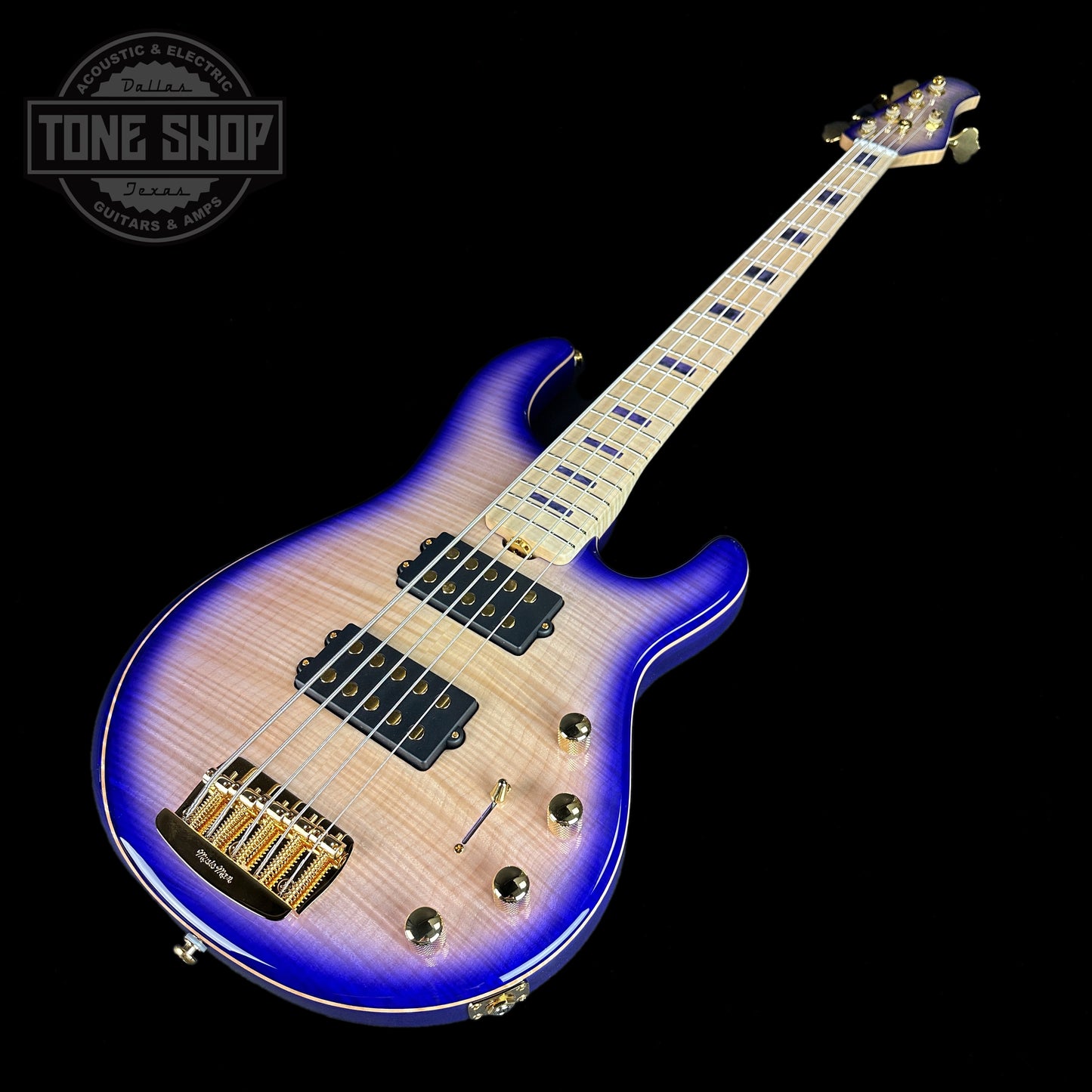 Front angle of Ernie Ball Music Man BFR "Moonbeam" StingRay Special 5 HH 5-String Bass Figured White Maple Fretboard Trans Purple Burst.