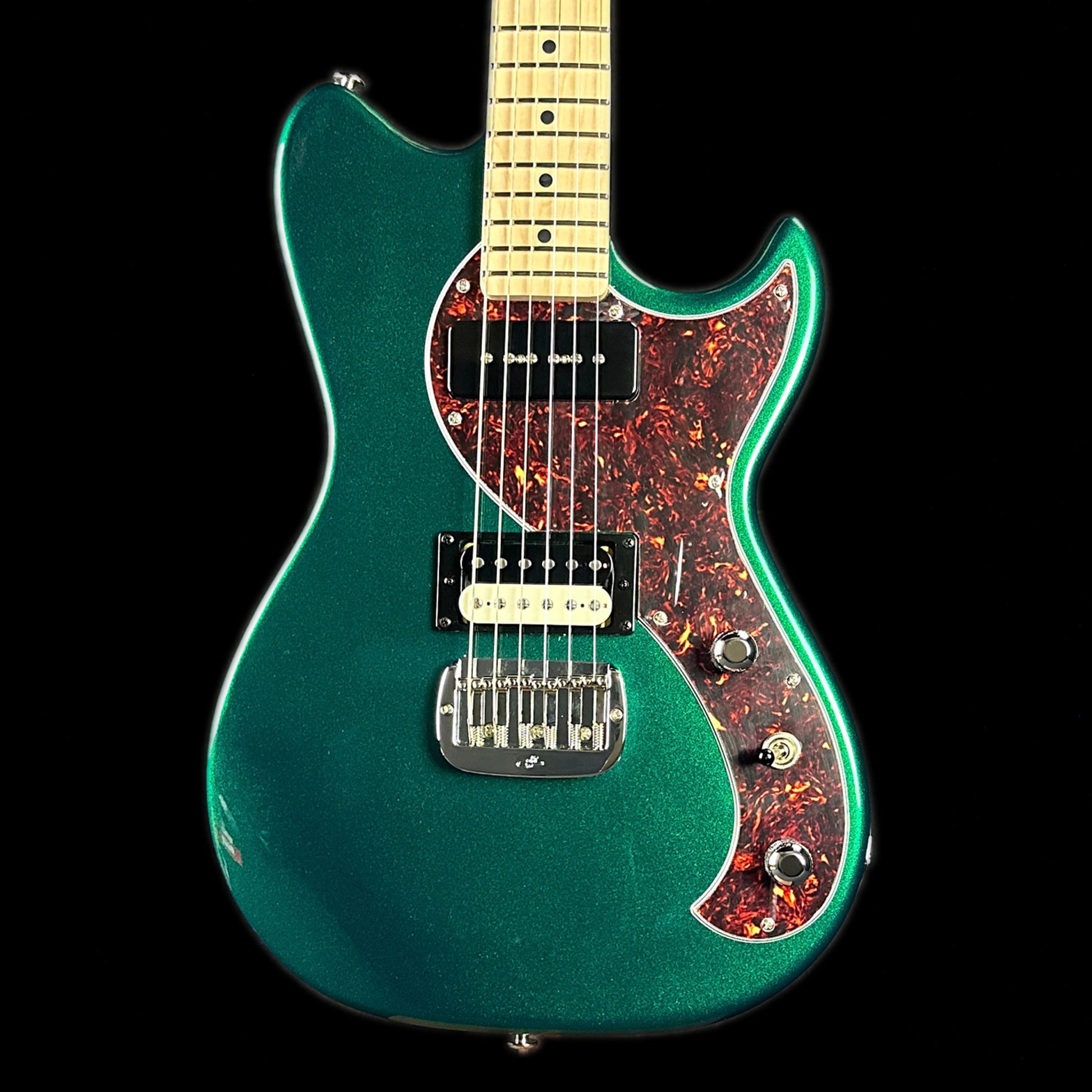 Front of body of G&L USA Fallout MP Emerald Green Metallic.