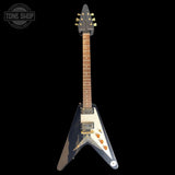 Full frontal of Used 2002 Epiphone 58 Reissue Flying V Black.