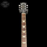 Headstock of Used 2024 Gibson Les Paul Trad Pro V Dark Purple Burst.