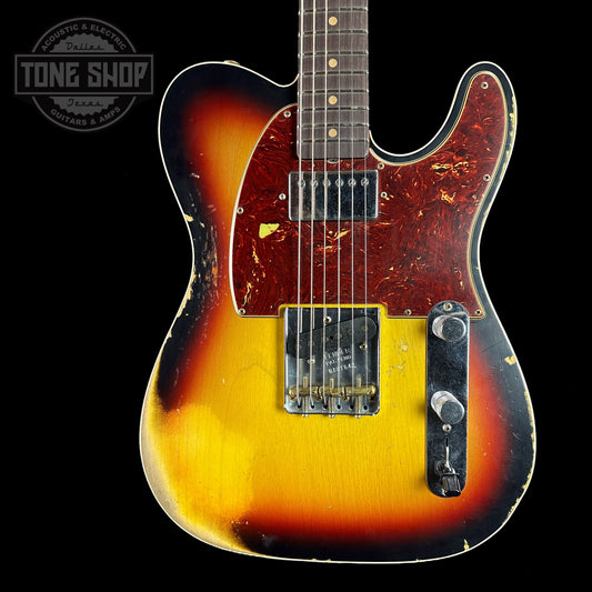Front of body of Fender Custom Shop Limited Edition Reverse 60 Tele Custom Heavy Relic 3 Color Sunburst.