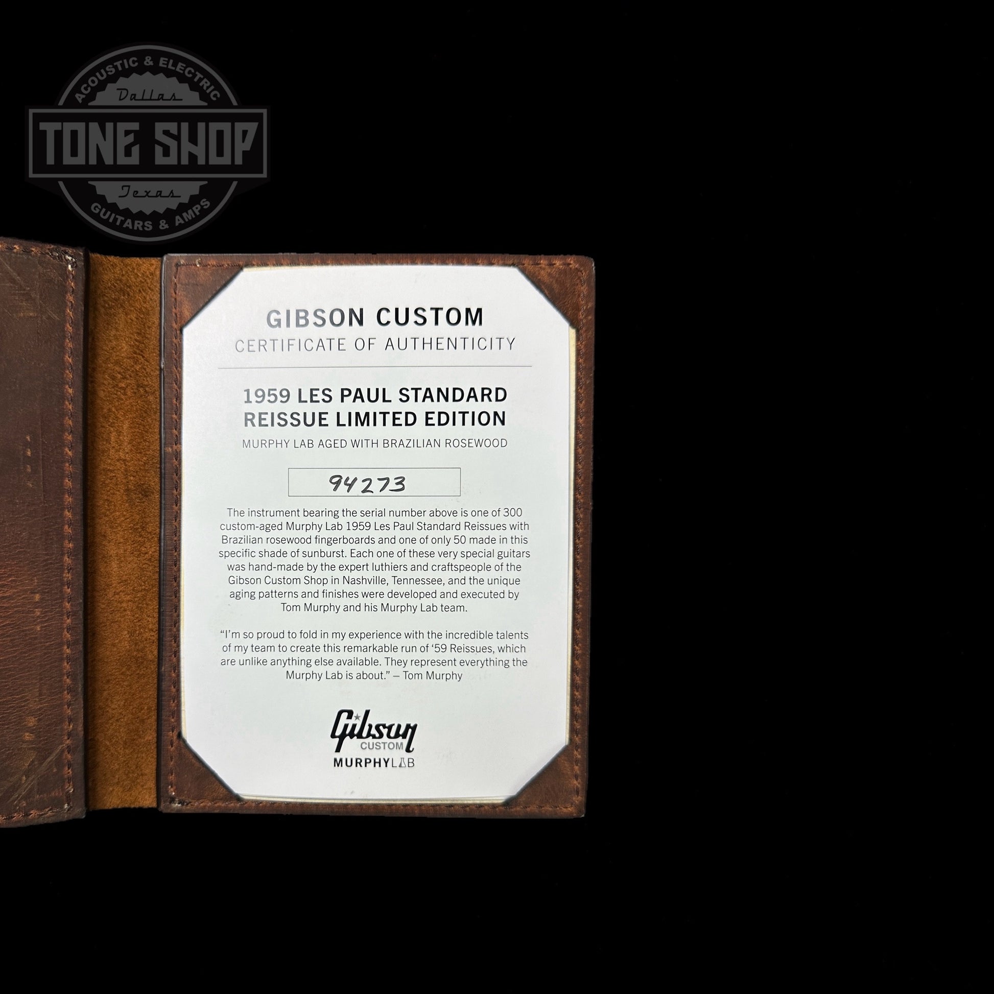 Certificate of authenticity for Gibson Custom Shop 59 Les Paul Standard Brazilian RW Murphy Burst Murphy Lab Heavy Aged NH.