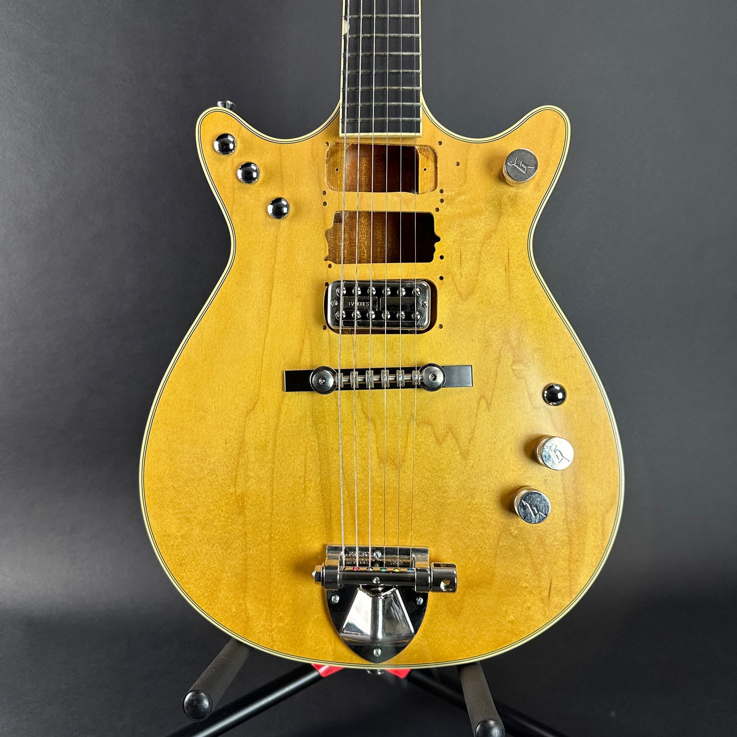 Front of Used Gretsch G6131T-MY Malcolm Young Signature Jet Ebony Fingerboard Natural.