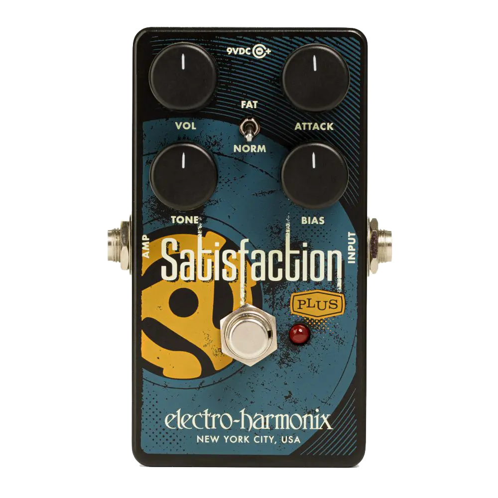 Top down of EHX Electro-Harmonix Satisfaction Plus Fuzz.