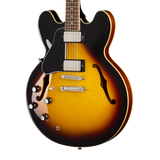 Front of Epiphone ES-335 Left Handed Vintage Sunburst.
