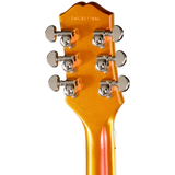 Close-up of a guitar headstock with tuning pegs on a white background