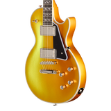 Gold electric guitar on a white background