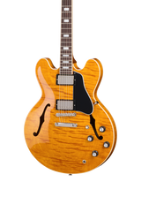 Close up of front of Gibson USA ES-335 Figured Honey Amber w/case