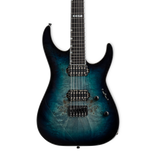 Front of ESP E-II M-II HT Burl Mercury Blue Burst.