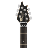 Headstock of EVH Limited Edition Wolfgang Special Striped Series Ebony Distressed Ivory.