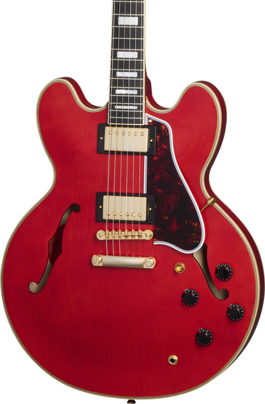 Front of Epiphone 1959 ES-355 Cherry Red.