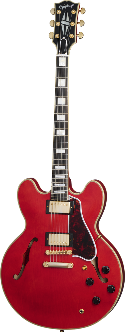Full frontal of Epiphone 1959 ES-355 Cherry Red.