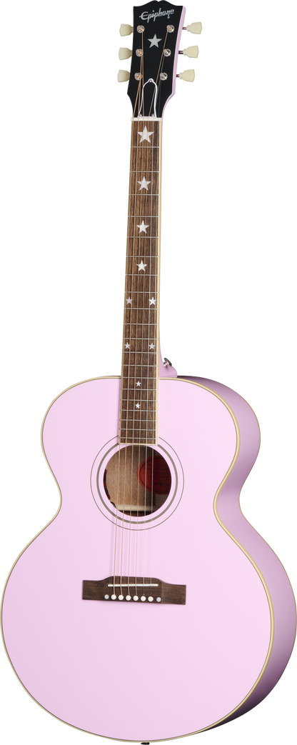 Full frontal of Epiphone J-180 LS Pink.