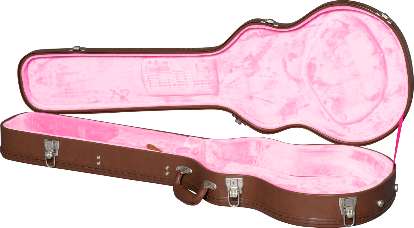 Opened case for Epiphone Kirk Hammett Greeny 1959 Les Paul Standard Aged Gloss.