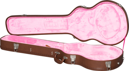 Opened case for Epiphone Kirk Hammett Greeny 1959 Les Paul Standard Aged Gloss.