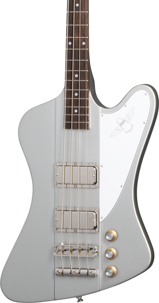 Front of Epiphone Thunderbird 64 Silver Mist.