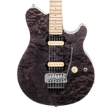 Front of Ernie Ball Music Man 30th Anniversary Axis Translucent Black Quilt.