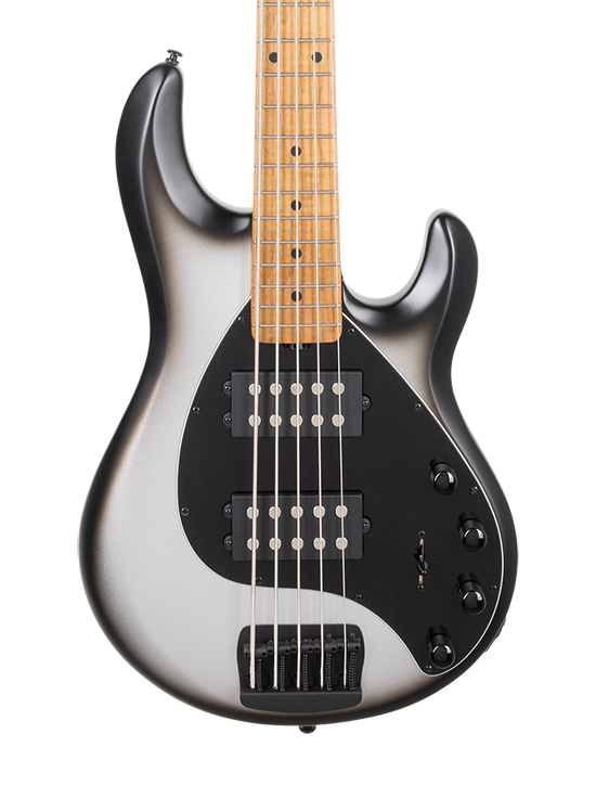 Front of Ernie Ball Music Man StingRay Special 5 HH Bass Black Rock Maple Fingerboard.