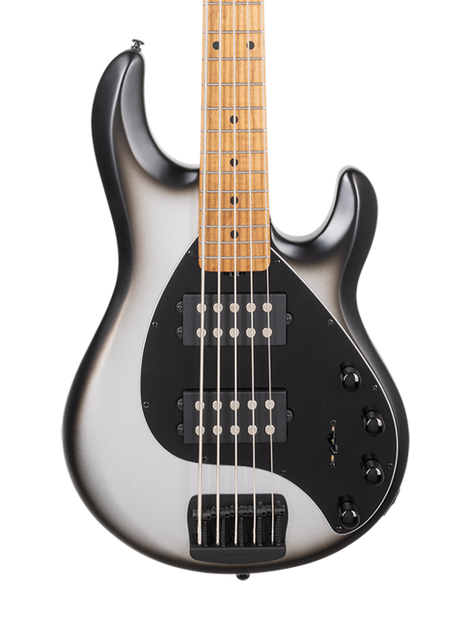 Front of Ernie Ball Music Man StingRay Special 5 HH Bass Black Rock Maple Fingerboard.