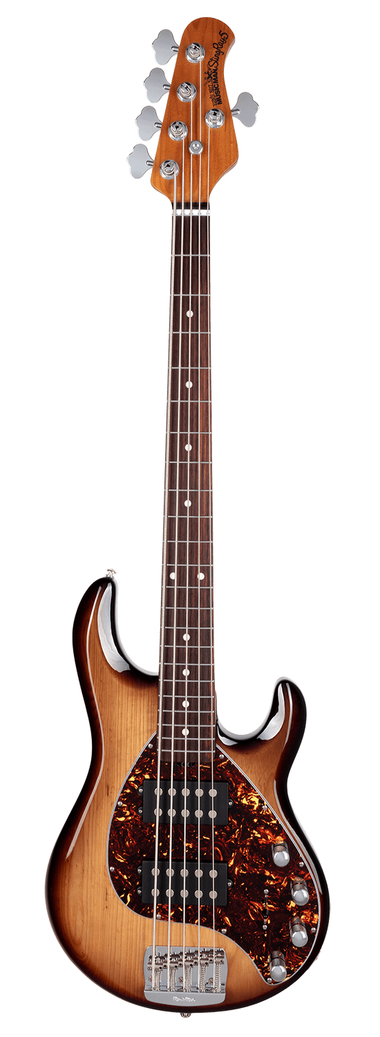 Full frontal of Ernie Ball Music Man StingRay Special 5 HH Bass Burnt Ends Rosewood.