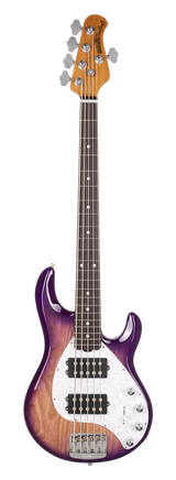 Full frontal of Ernie Ball Music Man StingRay Special 5 HH Purple Sunset Rosewood White Pearloid PG.