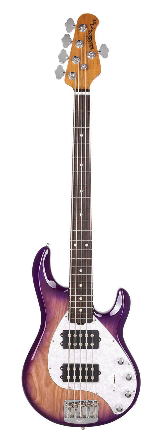 Full frontal of Ernie Ball Music Man StingRay Special 5 HH Purple Sunset Rosewood White Pearloid PG.