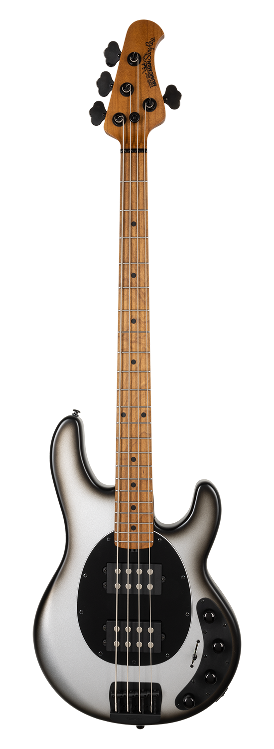 Full frontal of Ernie Ball Music Man StingRay Special HH Black Rock Ebony Black PG Black Hdw.
