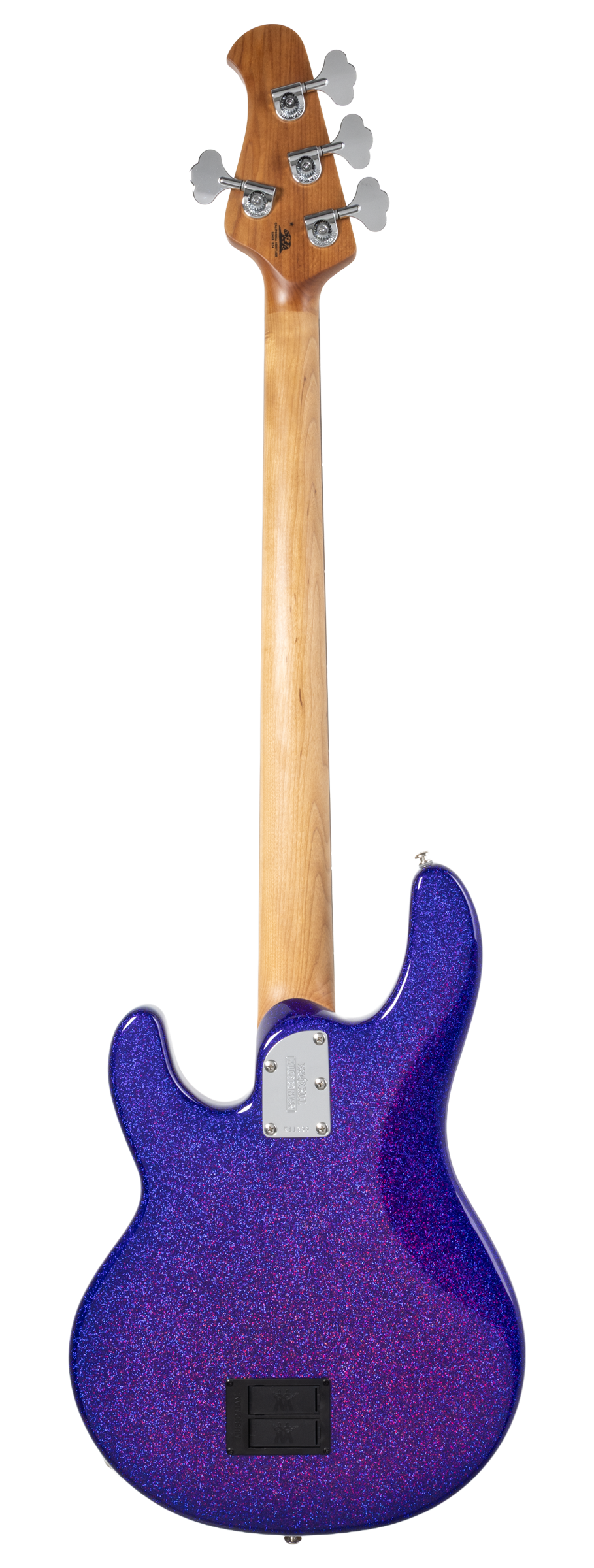 Back of Ernie Ball Music Man StingRay Special Violet Sparkle Burst RW.