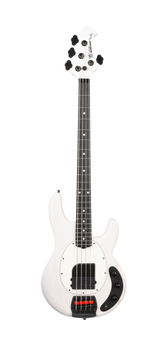Full frontal of Ernie Ball Tim Commerford Stingray Passive Fight Night White.