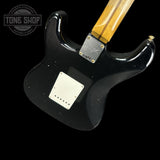 Back angle of Fender 1956 Stratocaster Journeyman Relic Maple Neck Aged Black.